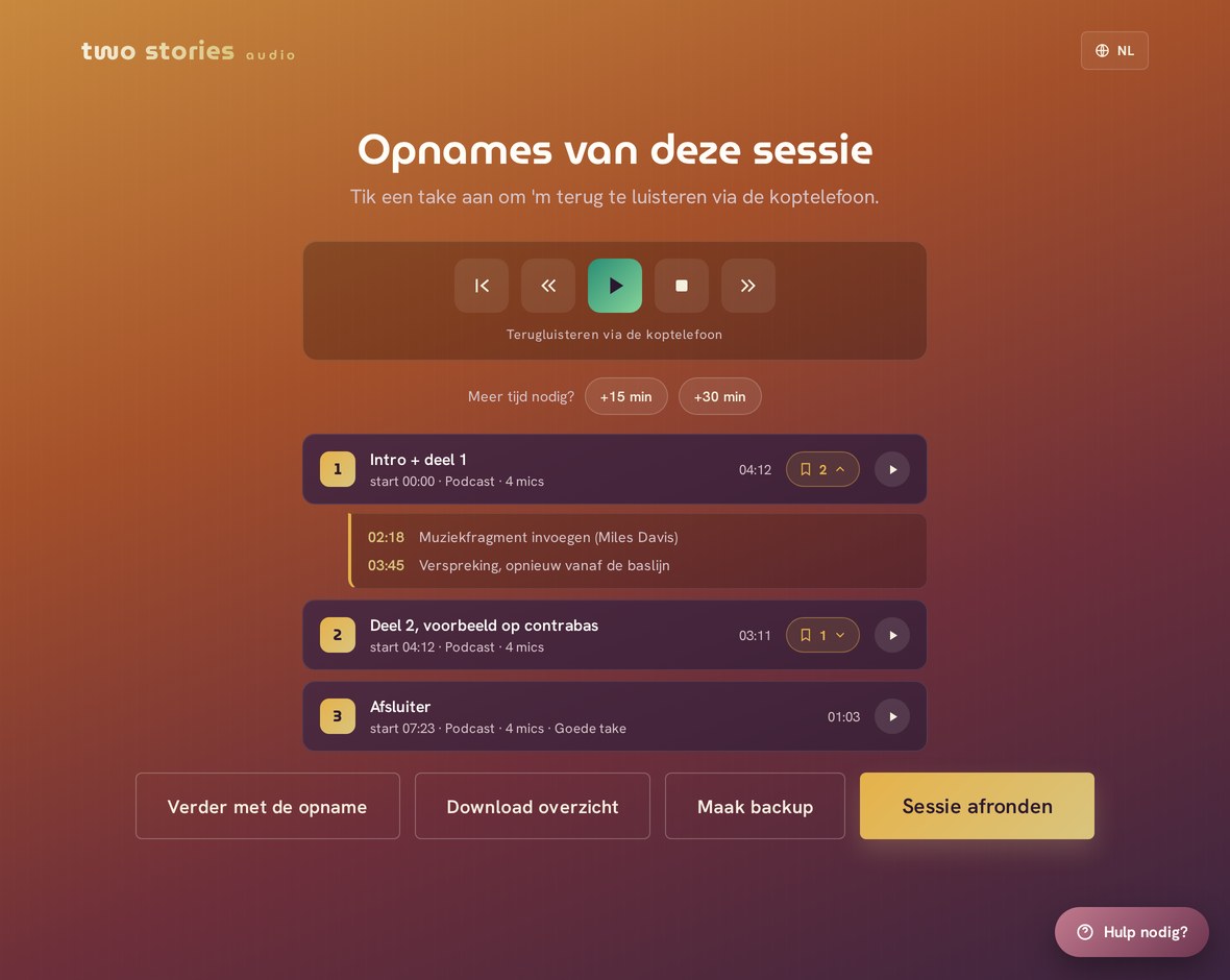 Overzicht van alle opgenomen takes met markers