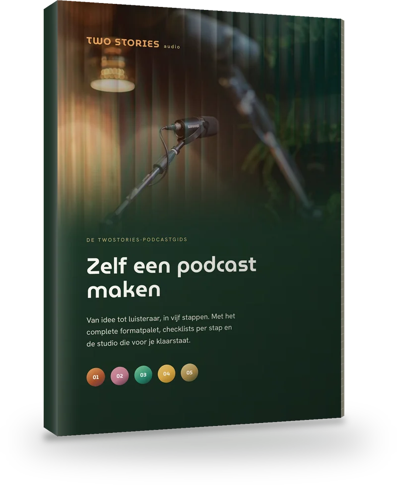 Het gedrukte boekje Zelf een podcast maken van TwoStories, met op de omslag twee microfoons in de studio